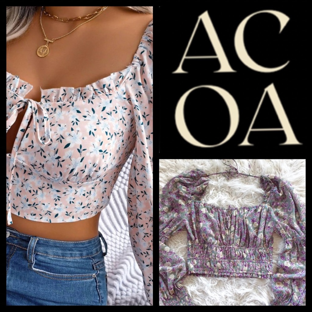 ACOA Floral Smocked Crop Long Sleeve Top